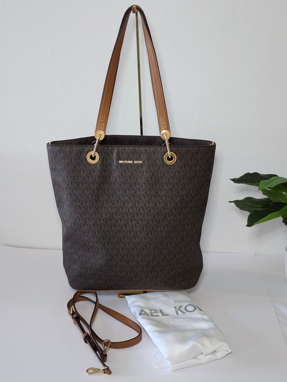 Michael Kors Jet Set Large Shoulder Tote Handbag Brown Luggage Coated Canvas